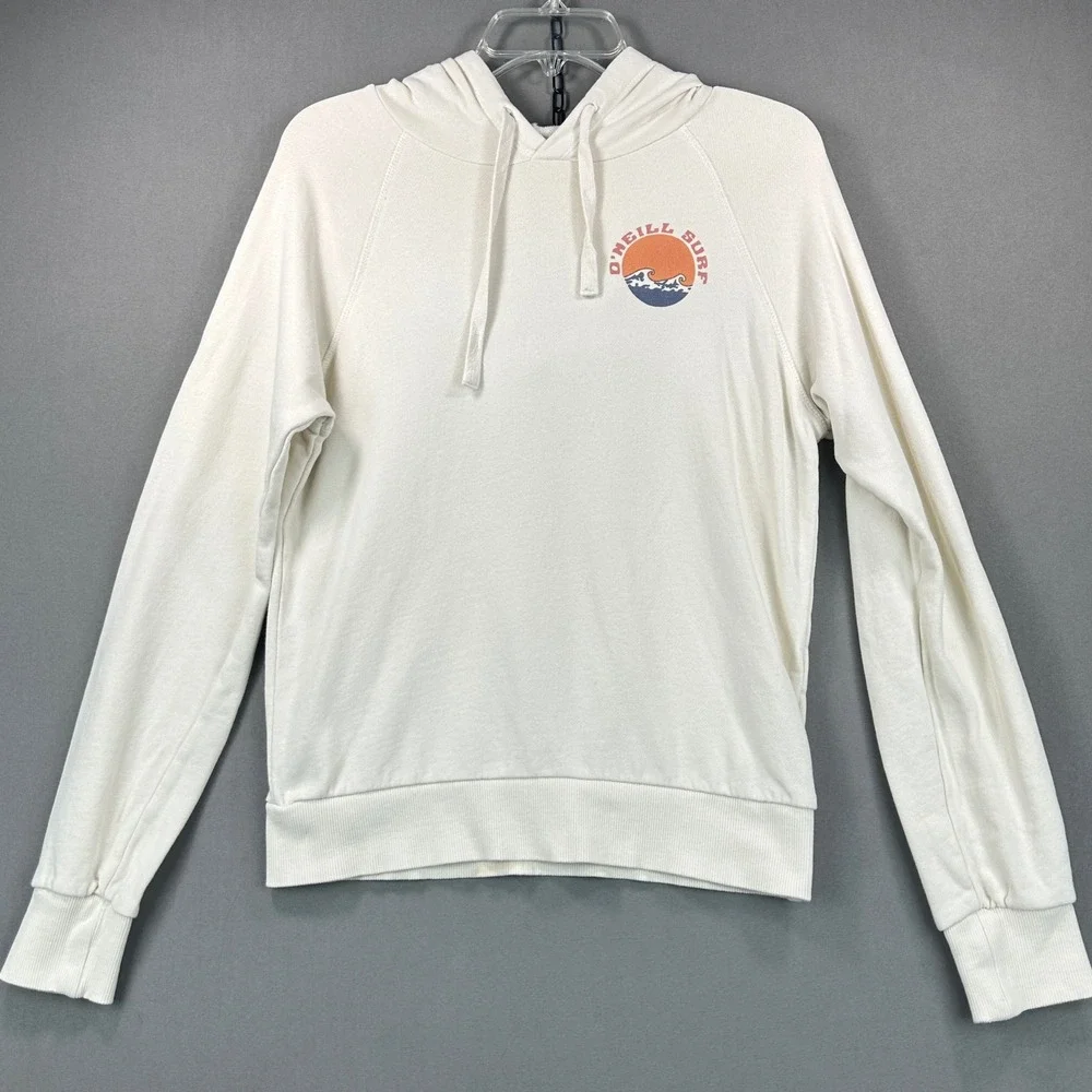O'Neill Surf Hoodie Womens Small Cream Excellent Rainbow Graphic Beachy Retro